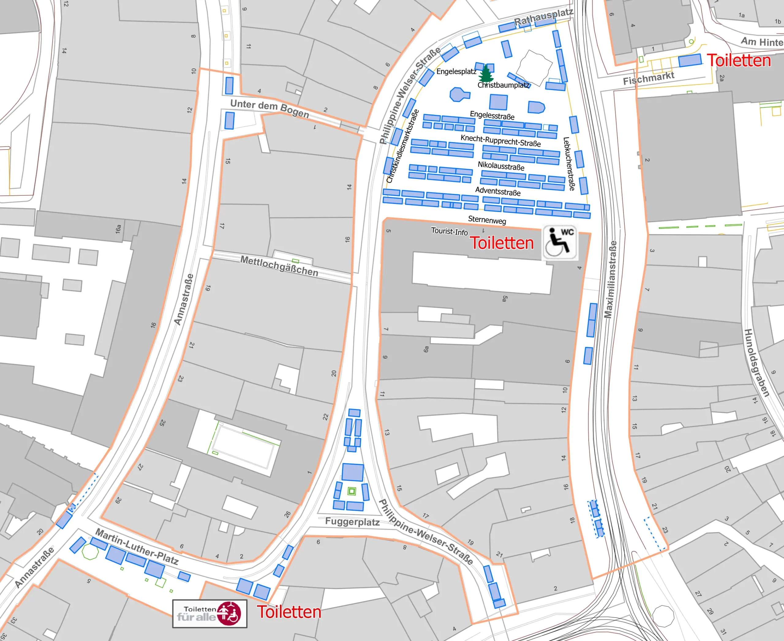 Stadtplan mit eingezeichneten Toiletten